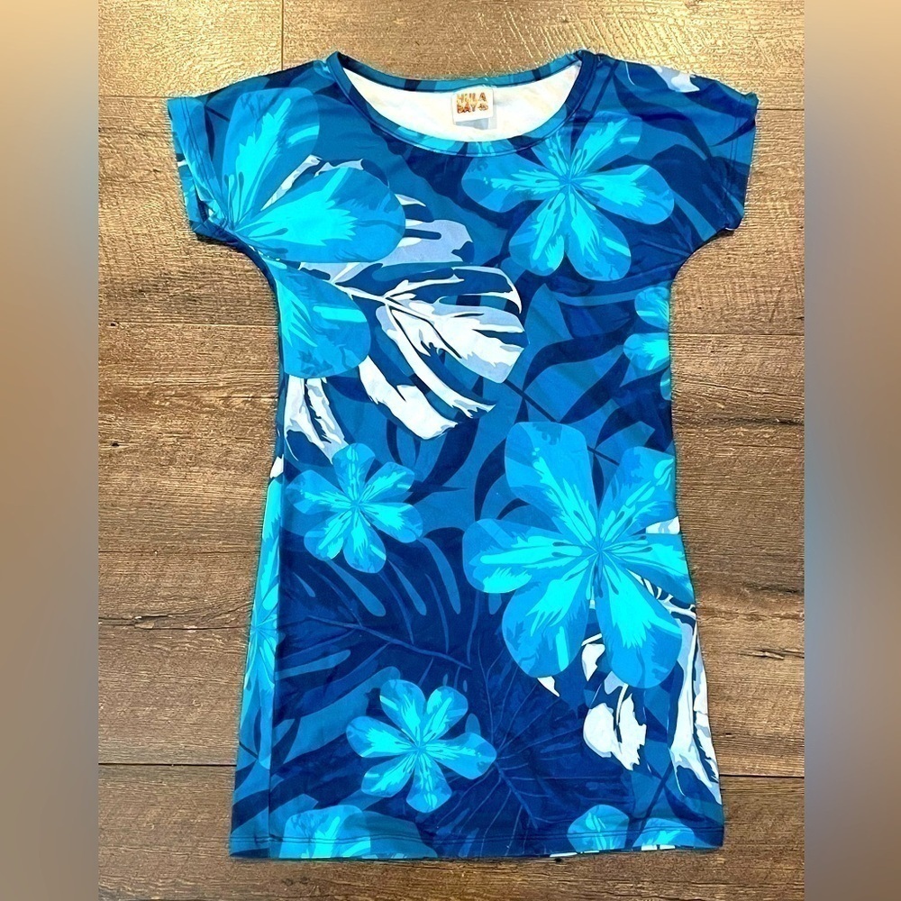 Hula Bay Girls Blue Hawaiian Print Dress Size 8